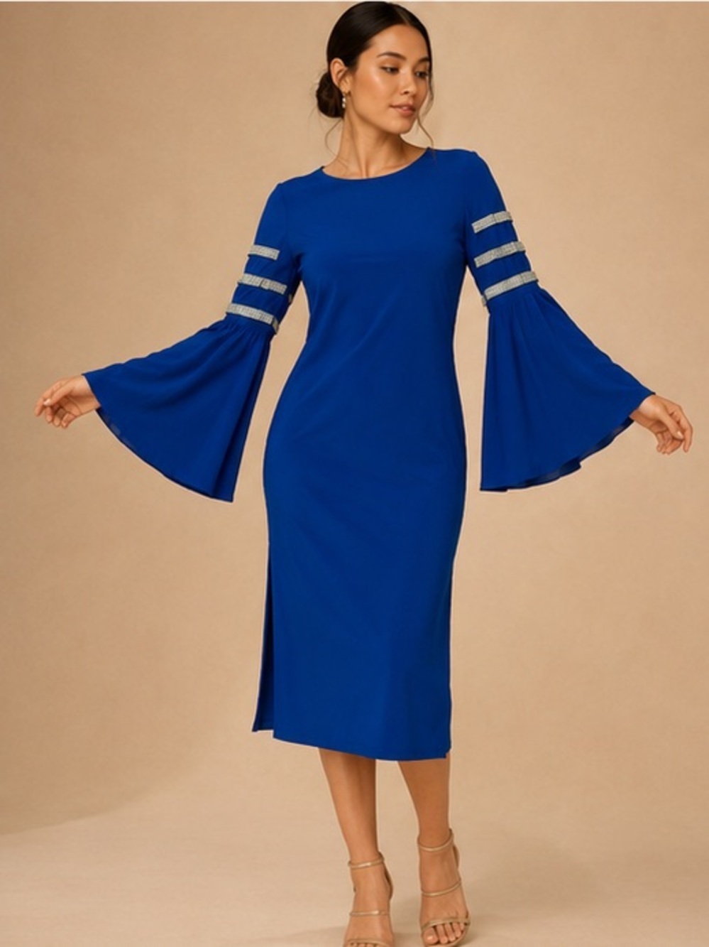 MSK Royal Blue Dress Medium Rhinestone Bell Sleeve Cocktail Party Dress